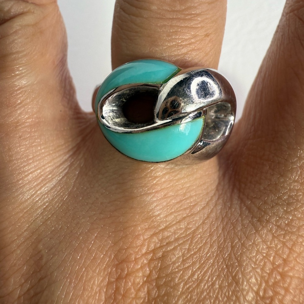 JS 925 Sterling Silver Natural Blue Turquoise Inlay Infinity Knot Ring Size 8.75